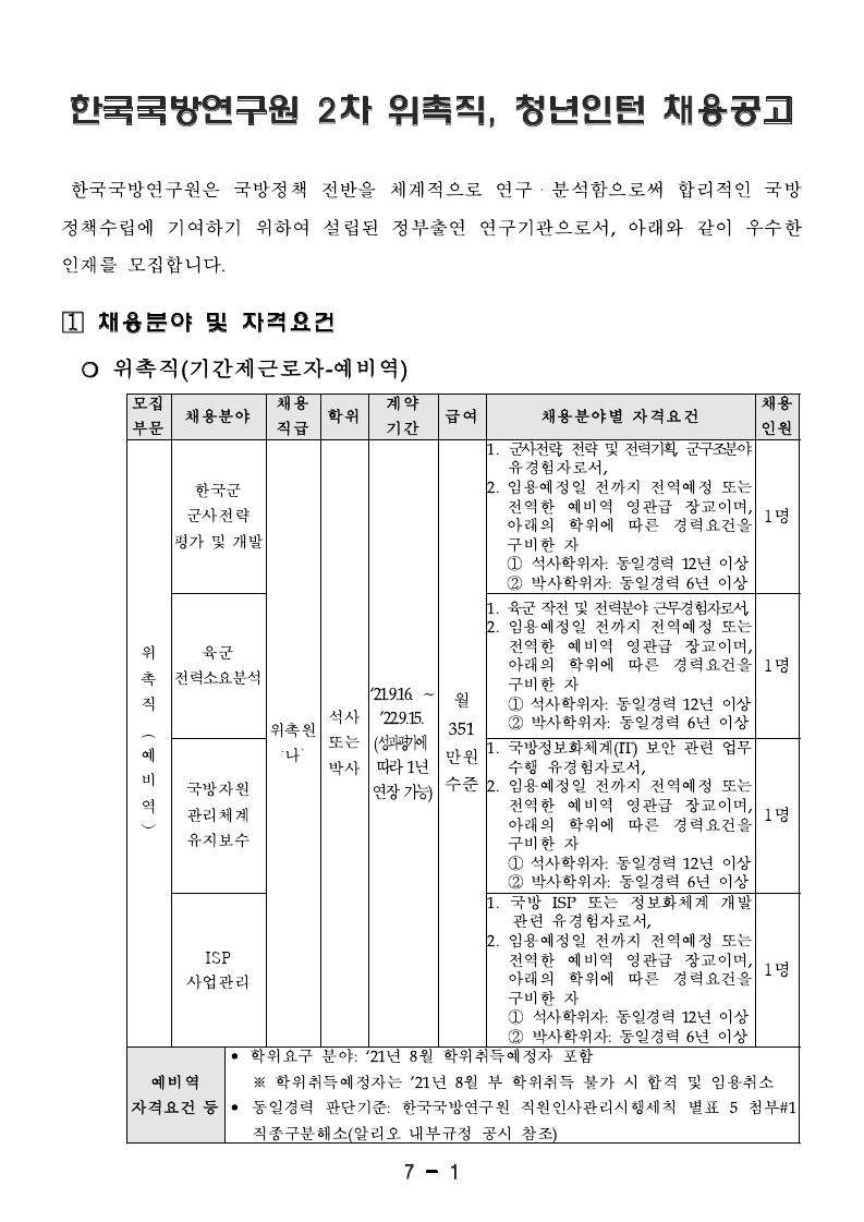 한국국방연구원 2차 위촉직, 청년인턴 채용공고문.pdf_page_1.jpg