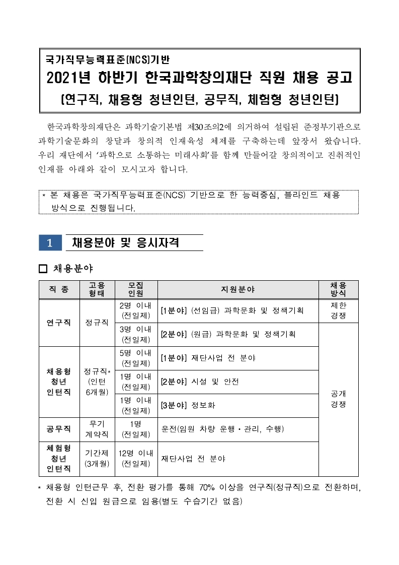 [한국과학창의재단]2021년 하반기 채용 공고문 및 NCS 직무기술서.pdf_page_01.jpg