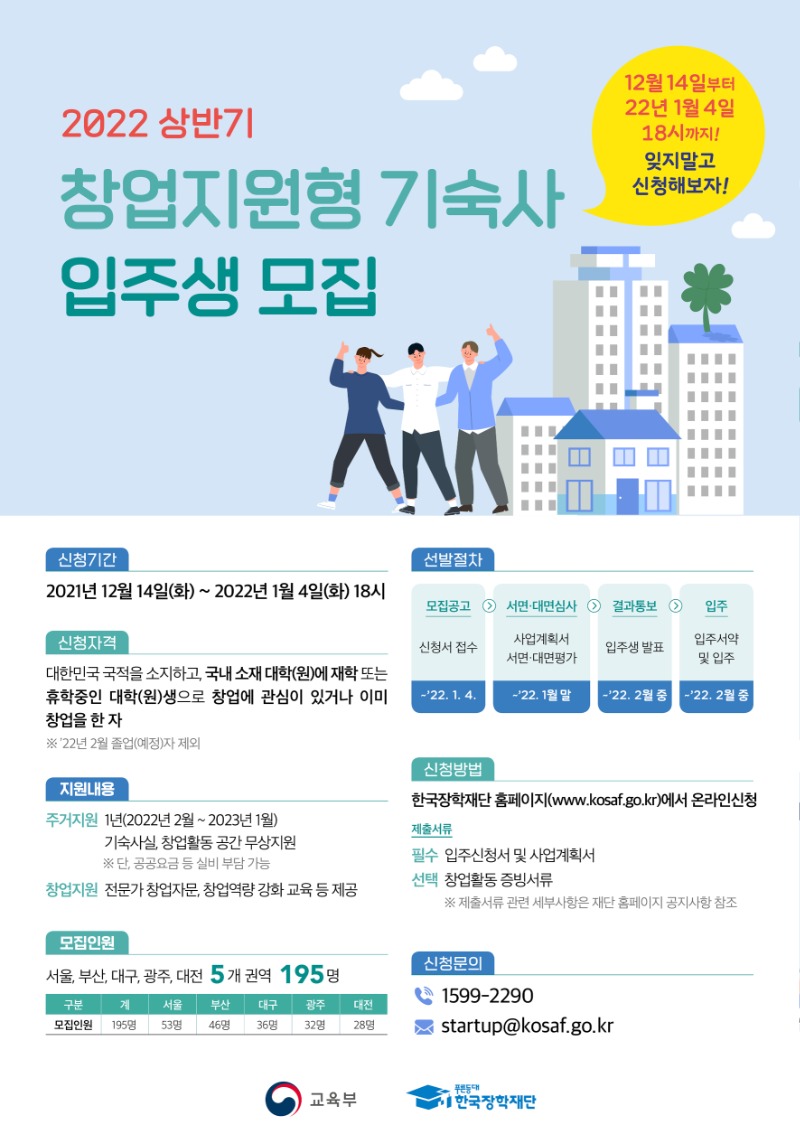 2022년 한국장학재단 창업지원형 기숙사 입주생 모집 포스터.jpg