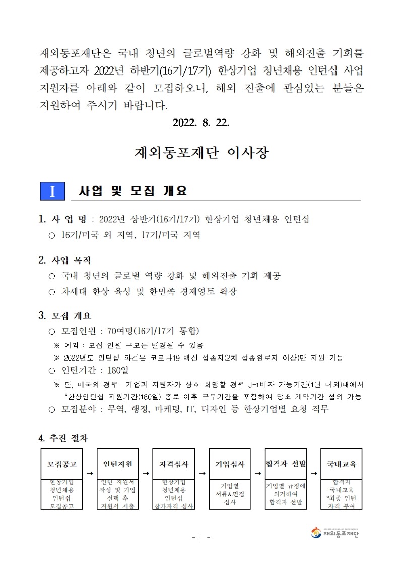 붙임1. 2022년 하반기 한상기업 청년채용 인턴십 지원자 모집 공고문001.jpg